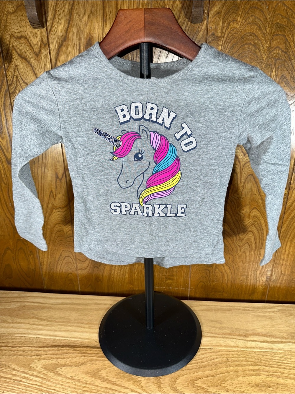 🎉Kids Grey 'Born to Sparkle' Unicorn Long-Sleeve Top. D320
